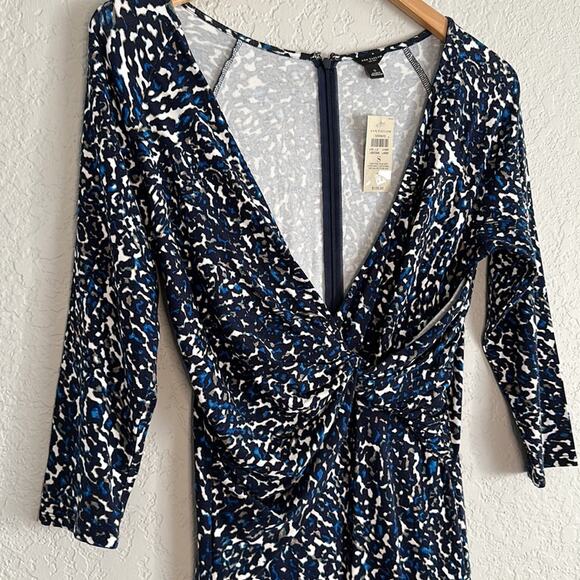 NEW Ann Taylor Faux Wrap Dress Blue Grey Watercolor V Neck Office Artsy Stretchy - Picture 4 of 5